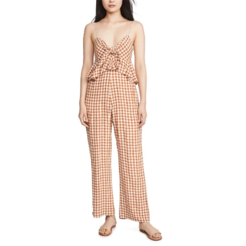 Saylor Laken Jumpsuit Sleeveless Ruffle Gingham Orange White